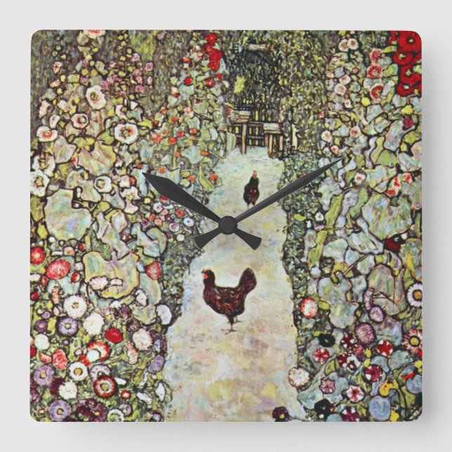 Garden Path w Chickens, Gustav Klimt, Art Nouveau Square Wall Clock (Front)