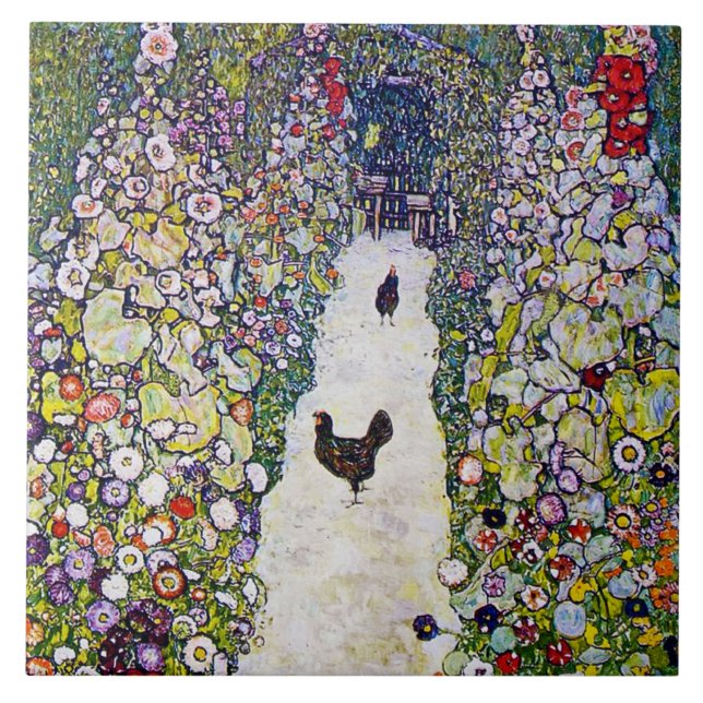 Garden Path with Chickens, Gustav Klimt Ceramic Tile (Front)