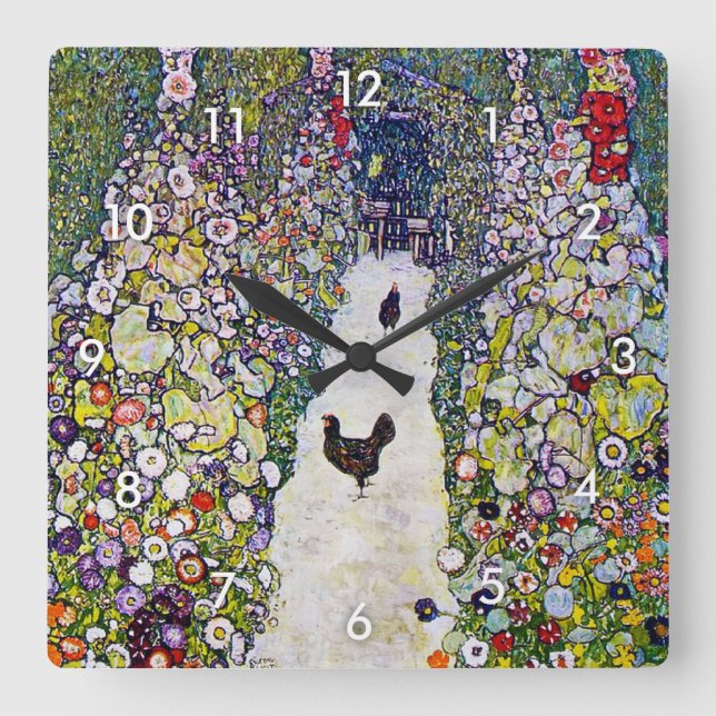 Garden Path with Chickens, Gustav Klimt Square Wall Clock (Front)