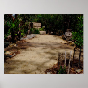 Garden Pathway Wooden Bridge Lush Greenery Poster