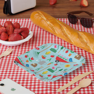Garden Pattern Spring Flowers and Gardening Tools Paper Plate