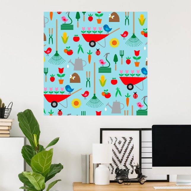 Garden Pattern Spring Flowers and Gardening Tools Poster (Creator Uploaded)