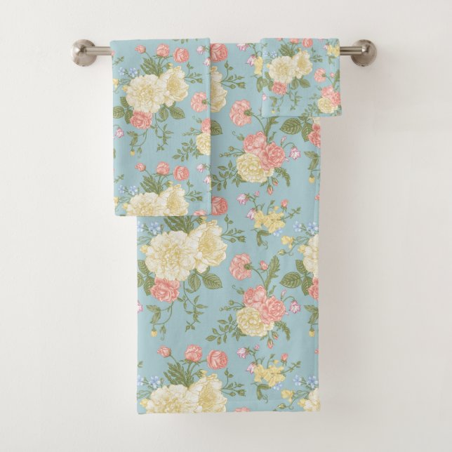 Garden Peony Floral Pattern Bath Towel Set (Insitu)