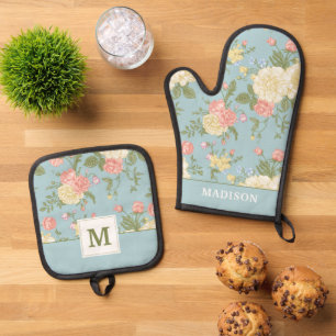 Garden Peony Floral Pattern Oven Mitt & Pot Holder Set