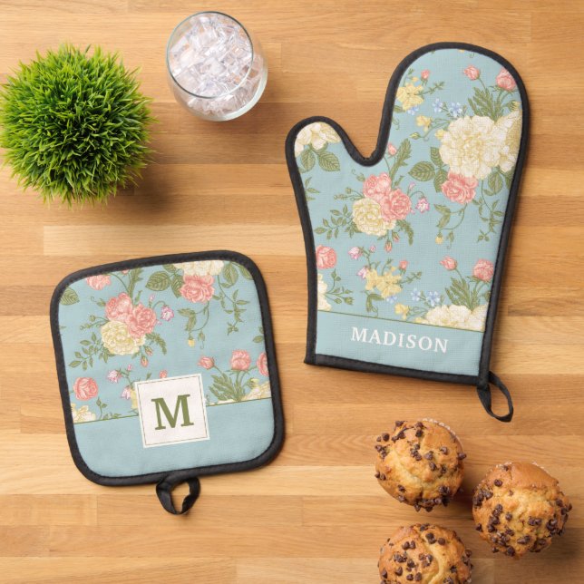 Garden Peony Floral Pattern Oven Mitt & Pot Holder Set (Top Down)