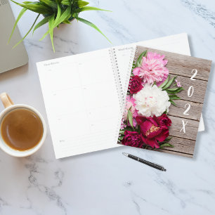 Garden Peony Flowers On Rustic Wood Planner