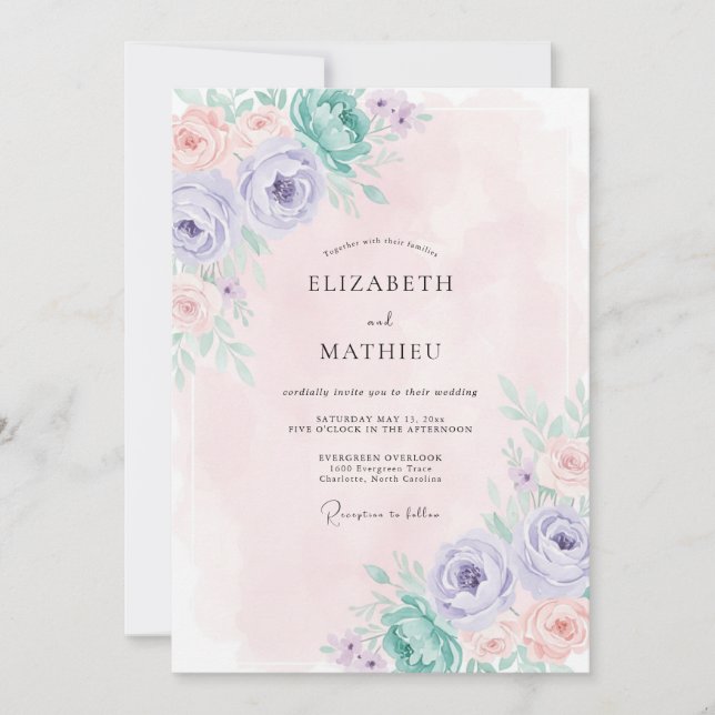 Garden Periwinkle Celadon Peony Wedding Invitation (Front)