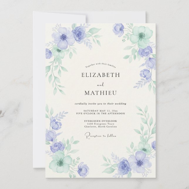 Garden Periwinkle Mint Peony Wedding Invitation (Front)