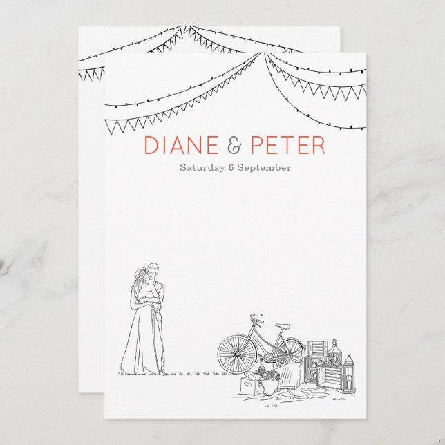 Garden Picnic Minimalist Black and White Wedding Invitation (Front/Back)