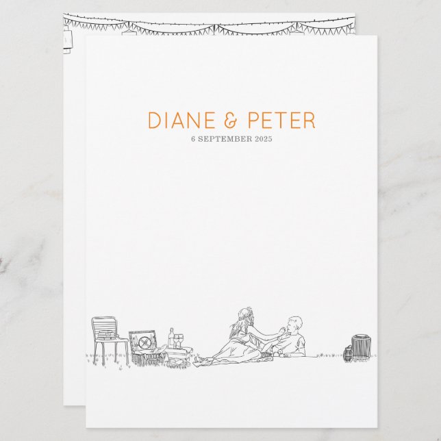 Garden Picnic Minimalist Black and White Wedding Menu (Front/Back)