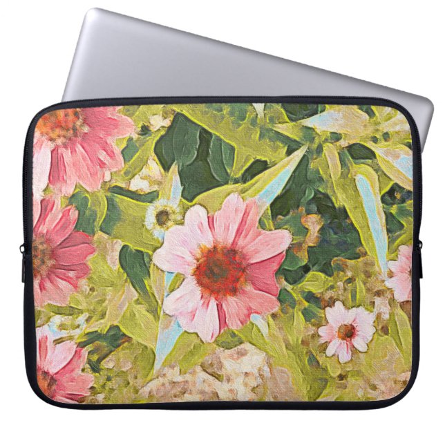 Garden Pink Coneflowers Green Leaves Original Art Laptop Sleeve (Front)