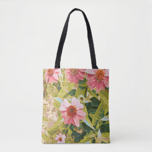 Garden Pink Coneflowers Green Leaves Original Art Tote Bag