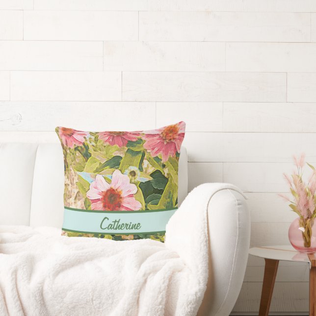 Garden Pink Coneflowers Leaves Name Personalised Cushion (Couch)