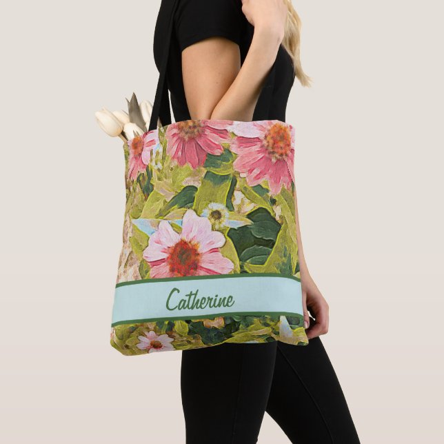 Garden Pink Coneflowers Leaves Name Personalised Tote Bag (Close Up)