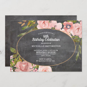 Garden Pink Floral Chalkboard 50th Birthday Invitation