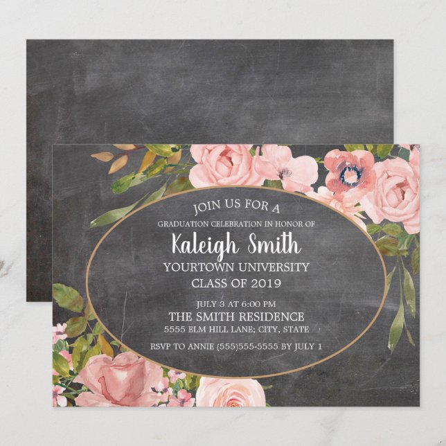 Garden Pink Floral Chalkboard Grad Party Invitation (Front/Back)