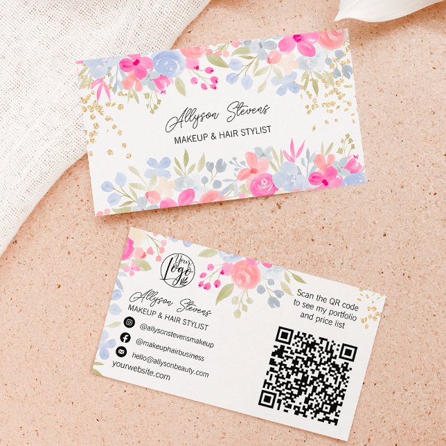 Garden pink Floral gold makeup hair logo qr code Business Card (Creator Uploaded)