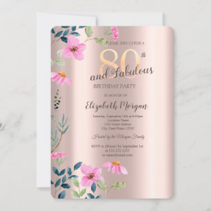 Garden Pink Flowers Rose Gold 80th Birthday Invitation