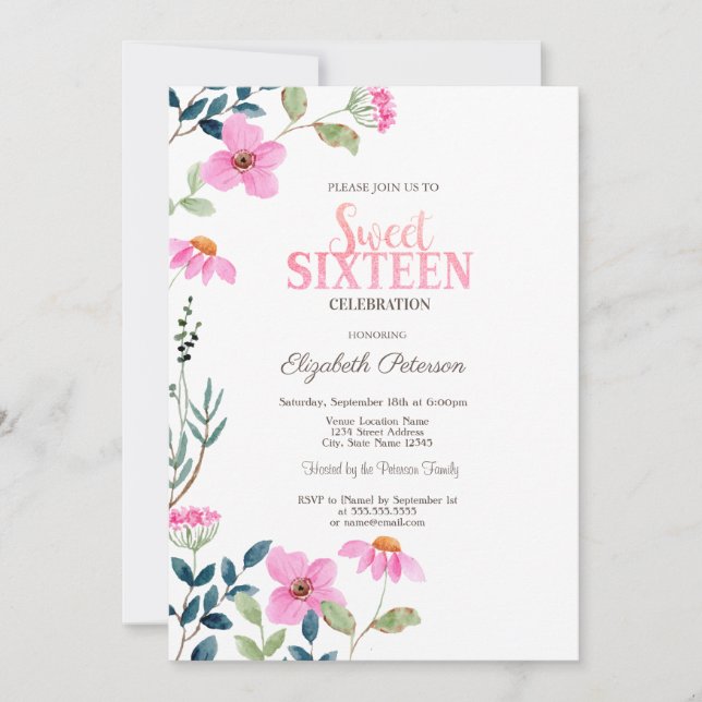 Garden Pink Flowers Sweet 16 Invitation (Front)