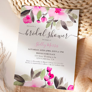 Garden pretty pink floral watercolor bridal shower invitation
