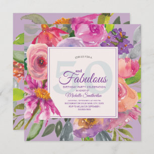 Garden Purple Pink Floral 50 and Fabulous Invitation