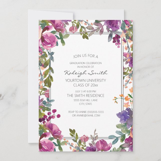 Garden Purple Watercolor Floral White Grad Party Invitation (Front)