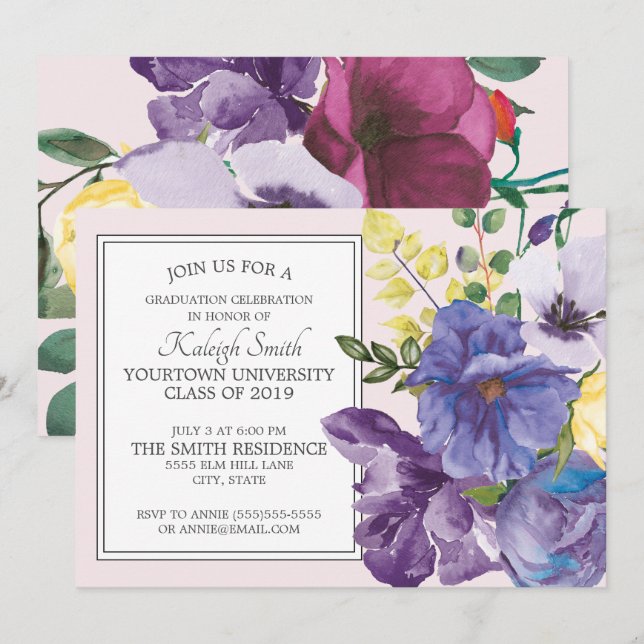Garden Purple Yellow Pink Floral Grad Party Invitation (Front/Back)