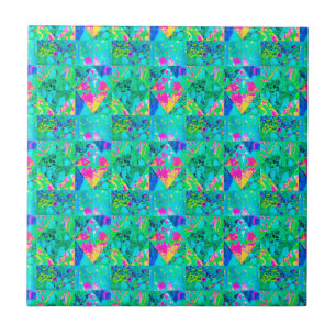 Garden Quilt Painting with Hydrangea and Blues Ceramic Tile