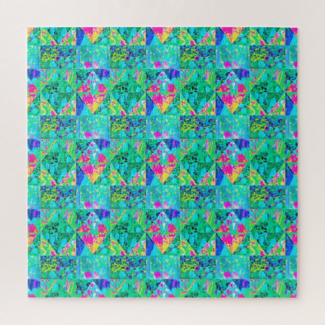Garden Quilt Painting with Hydrangea and Blues Jigsaw Puzzle (Vertical)