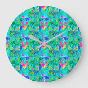 Garden Quilt Painting with Hydrangea and Blues Large Clock