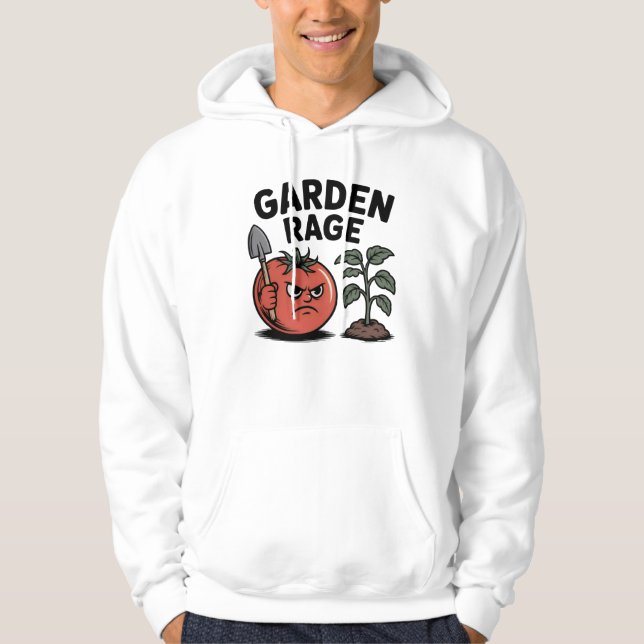 Garden Rage – Angry Tomato with Shovel Cartoon Hoodie (Front)