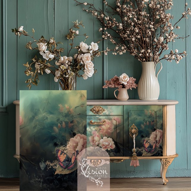 Garden Romance, Butterfly  and Floral Tissue Paper (Garden Romance, Moody Ethereal Butterfly and Peony Floral, Decoupage Tissue Paper, 2020visionprints)