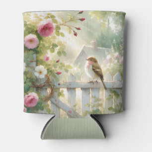 Garden Rose Bird Watercolor Scene Can Cooler