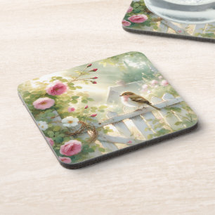 Garden Rose Bird Watercolor Scene Coaster