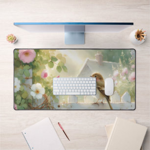Garden Rose Bird Watercolor Scene Desk Mat