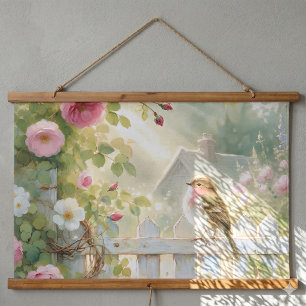 Garden Rose Bird Watercolor Scene Hanging Tapestry