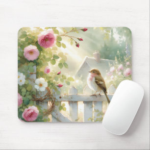 Garden Rose Bird Watercolor Scene Mouse Pad