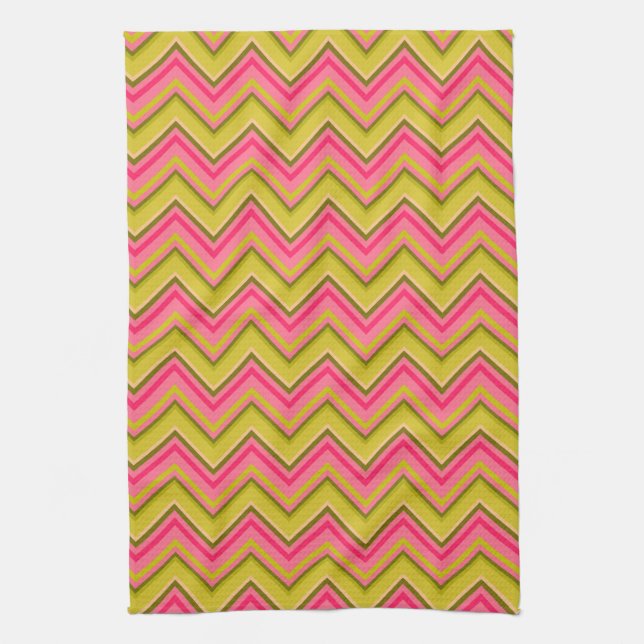 Garden Rose Chevron in Pink and Green Tea Towel (Vertical)