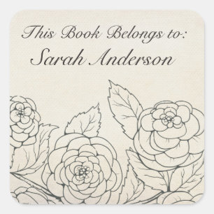 Garden Rose Floral Book Plate This Book Belongs To Square Sticker