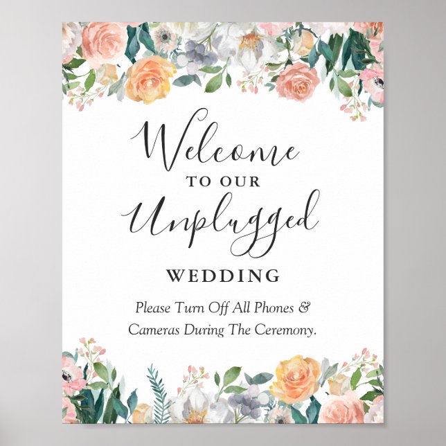 Garden Rose Floral Unplugged Wedding Ceremony Sign (Front)