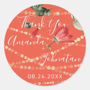 Garden Rose Gold Leaf Name Date Coral Gold Ivy Classic Round Sticker