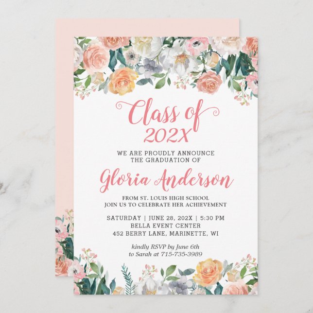 Garden Roses Bloom Floral Class of 2022 Graduation Invitation (Front/Back)