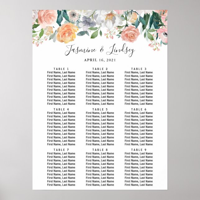 Garden Roses Floral 9 Tables Wedding Seating Chart (Front)