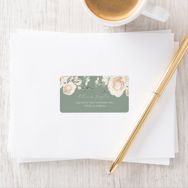 Garden Roses Floral Sage Green Wedding  Label (Insitu)