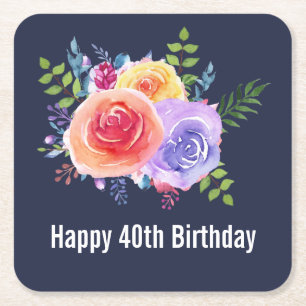 Garden Roses Watercolor Flowers Birthday Square Paper Coaster