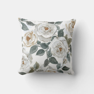 Garden Roses White Watercolor Floral Vintage Cushion