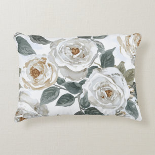 Garden Roses   White Watercolor Floral Vintage Decorative Cushion