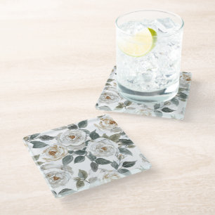 Garden Roses White Watercolor Floral Vintage Glass Coaster