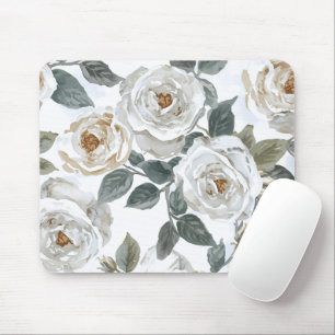 Garden Roses White Watercolor Floral Vintage Mouse Pad