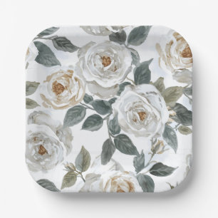 Garden Roses   White Watercolor Floral Vintage Paper Plate